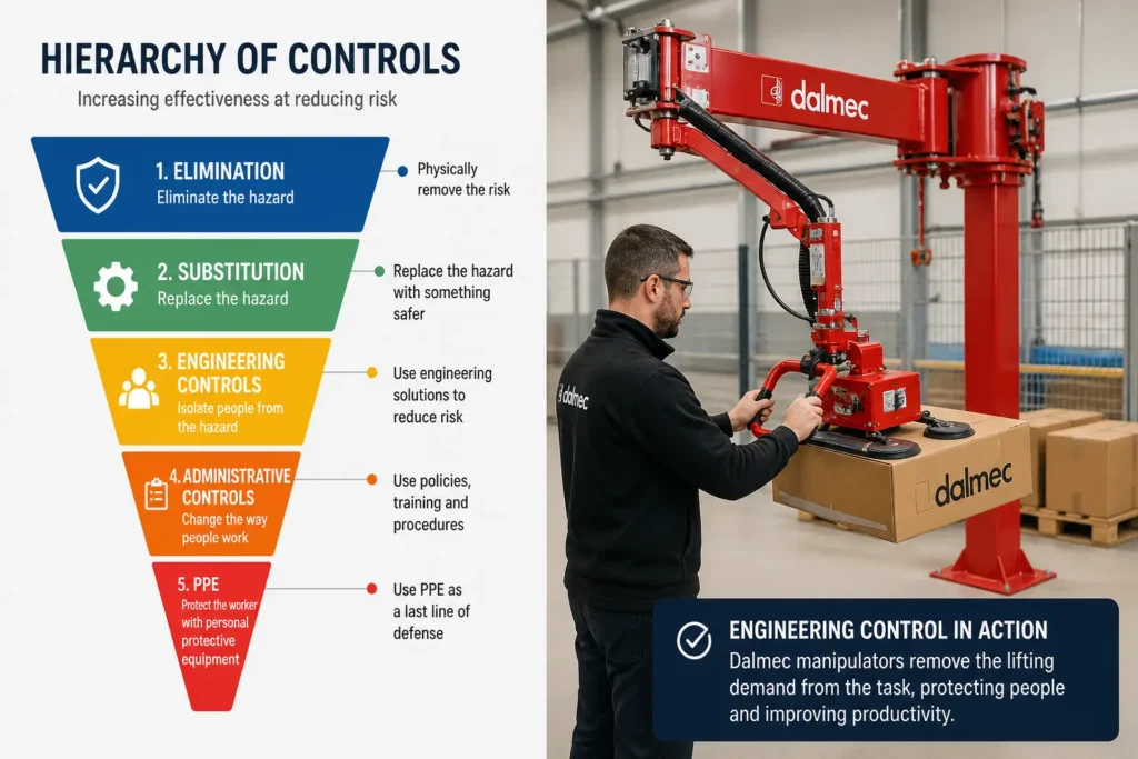 Engineering control for manual handling -- Dalmec manipulator removes lifting demand from the task.]