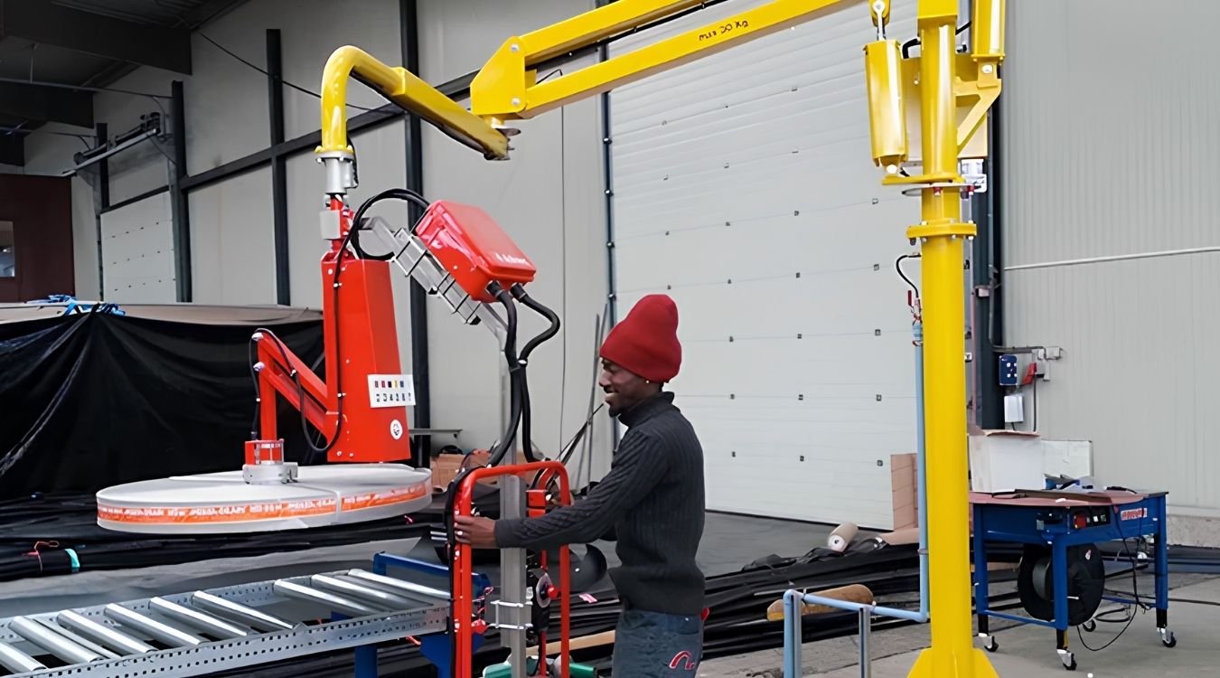 Dalmec manipulator, rated to 30 kg, lifting a large spool of thread onto a roller conveyor as a worker guides positioning.