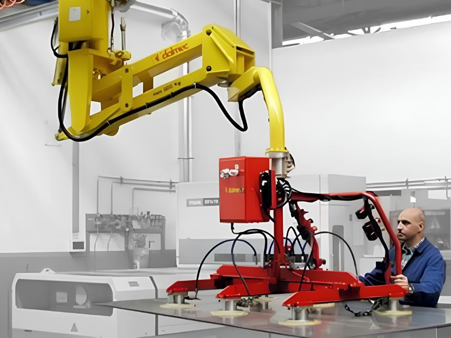 Industrial vacuum glass sheet lifting manipulator handling a large glass panel for safe, precise, and ergonomic material handling in a manufacturing facility.