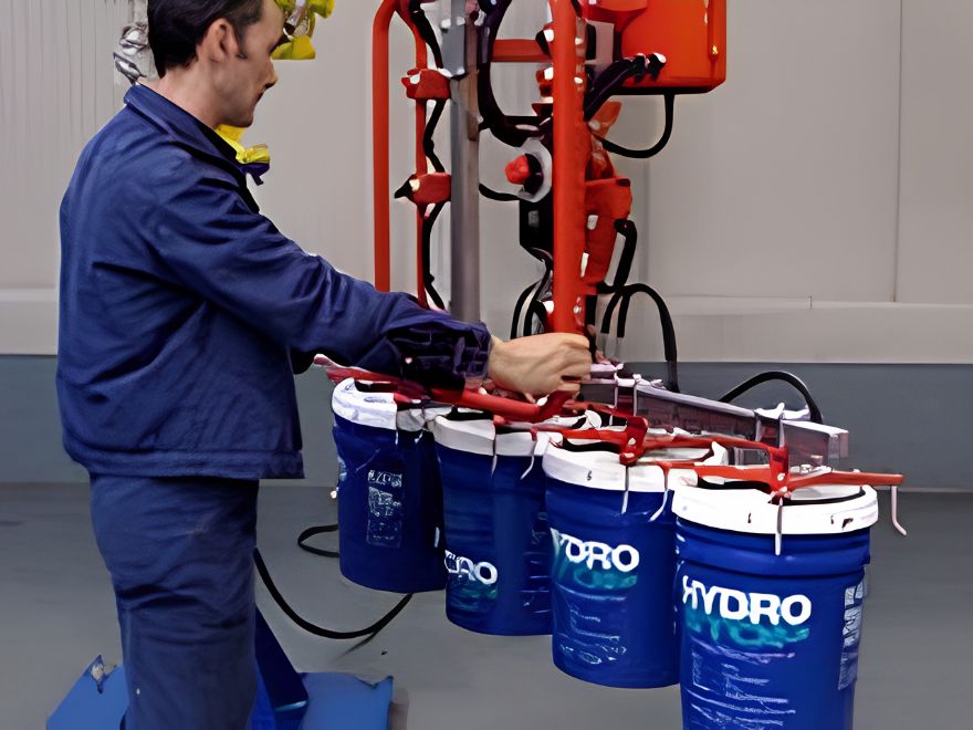 Dalmec manipulator lifting stacked bags in an industrial processing facility.