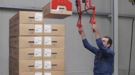 Dalmec pneumatic manipulator lifting pharmaceutical cartons for safe, ergonomic palletising and material handling.
