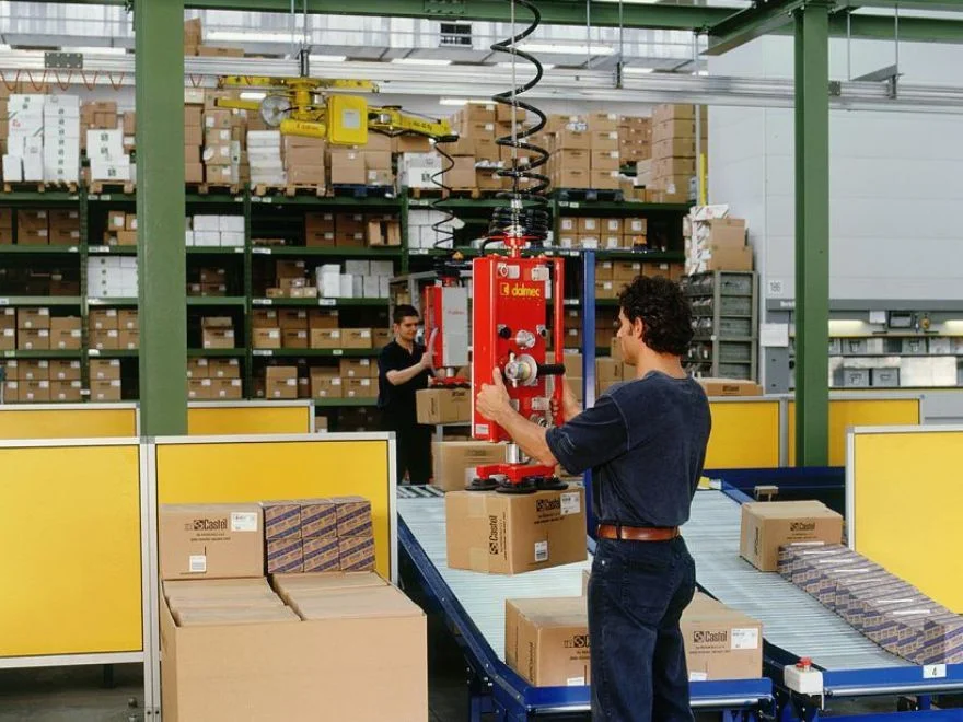 Dalmec manipulator with vacuum gripping tool transferring carton boxes from a conveyor belt to warehouse shelving, operated by a single worker