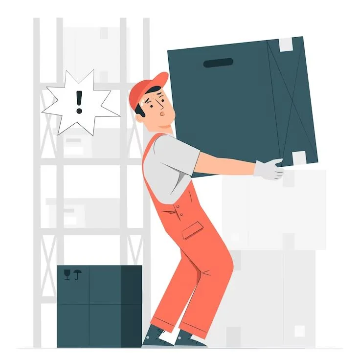 Illustration of a warehouse worker straining to lift a heavy box, highlighting manual handling injury risk