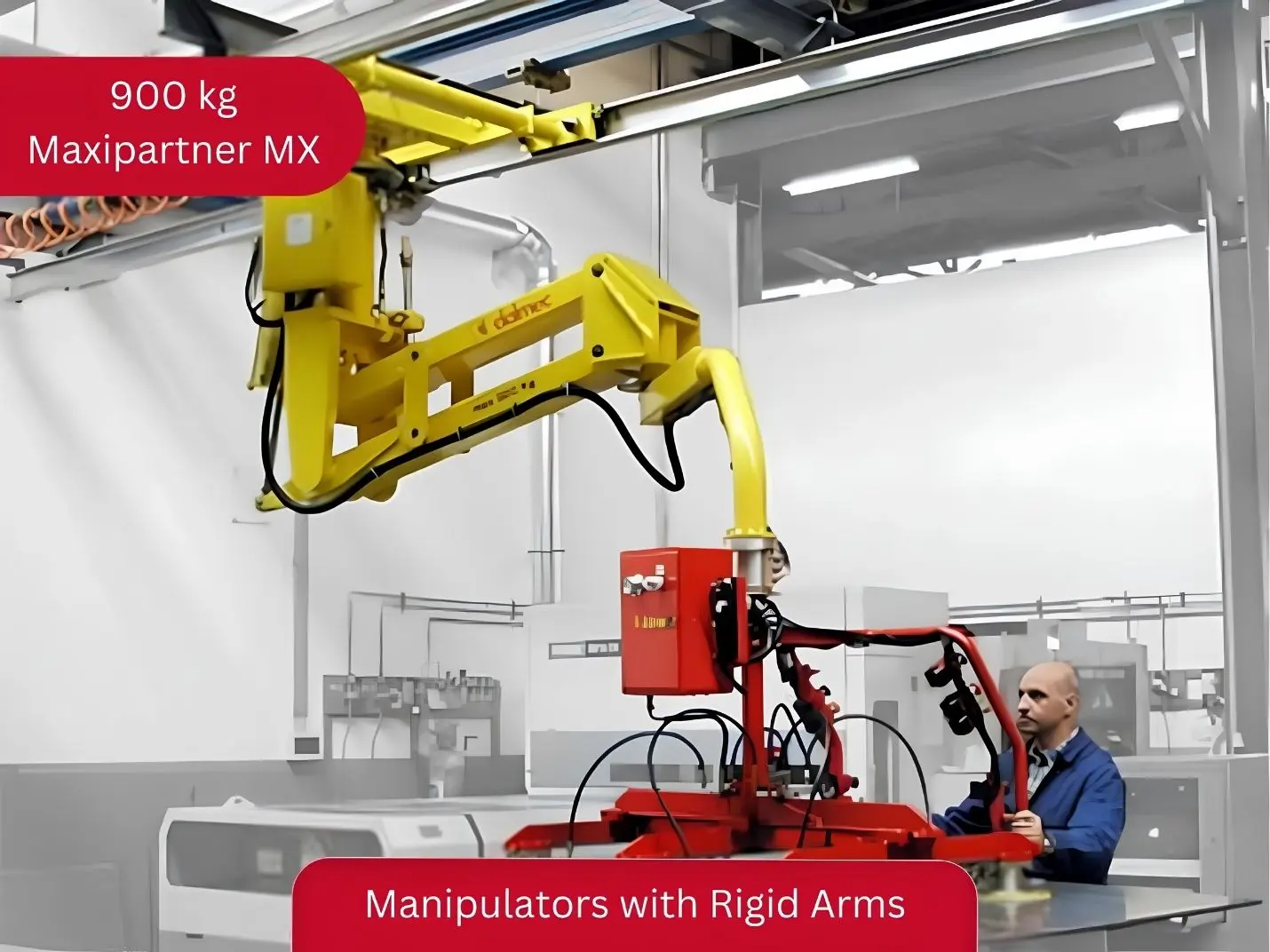 Dalmec Maxipartner MX 900kg pneumatic industrial manipulator with rigid arms handling heavy components in a manufacturing facility, operated by a single worker