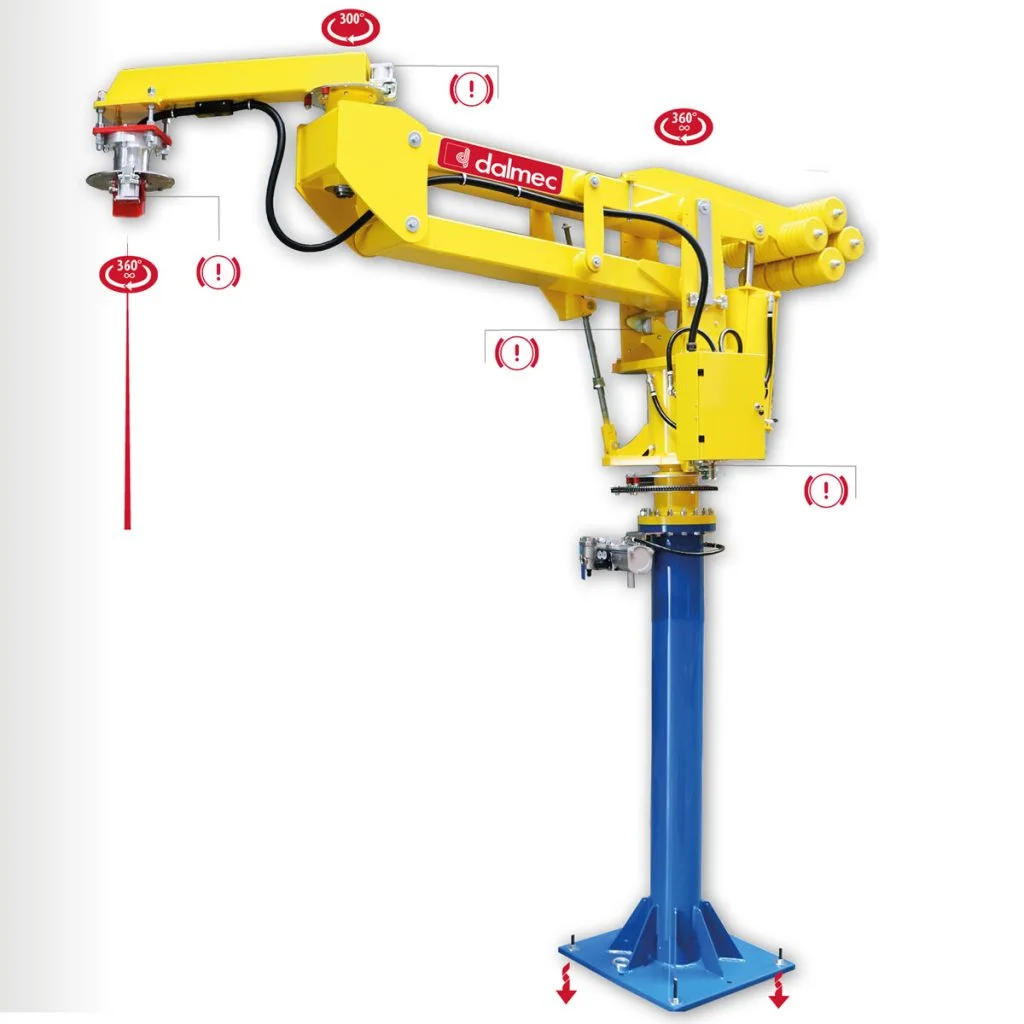Dalmec Megapartner pneumatic manipulator with rigid-articulated arm, 1500kg capacity, with multi-cylinder balancing system mounted on a heavy-duty column for handling misaligned loads