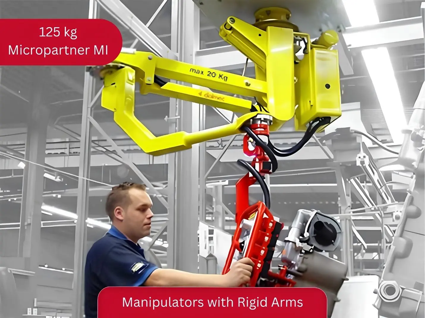 Micropartner MI 125kg pneumatic rigid-arm manipulator with custom gripping tool handling an engine component on an automotive assembly line
