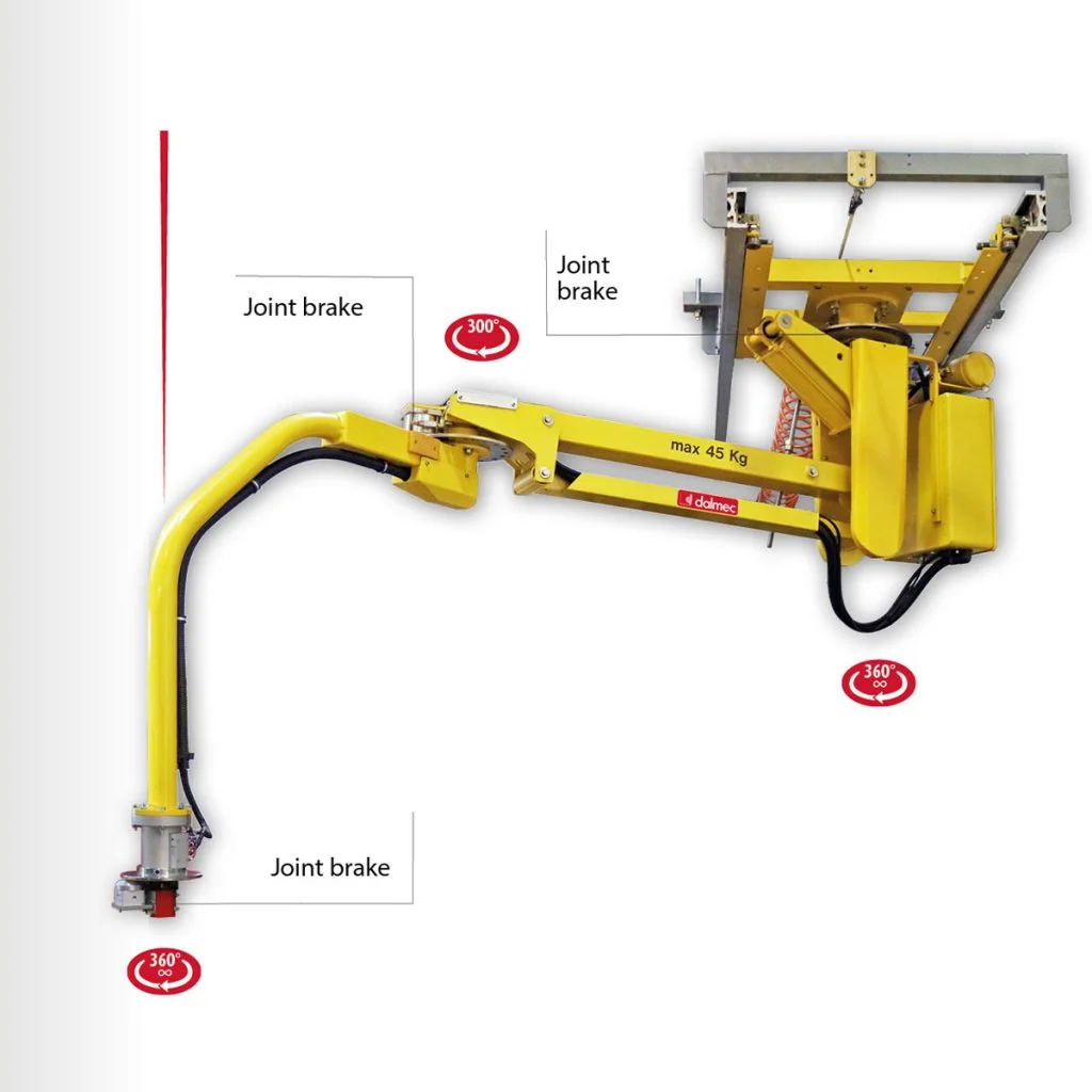 Micropartner pneumatic manipulator with rigid-articulated arm, 125kg capacity, featuring multiple joint brakes for precise handling of misaligned loads