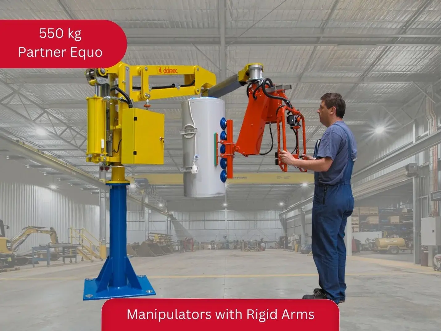 Dalmec Partner Equo 550kg rigid-arm manipulator with custom gripping tool handling a hot water cylinder in an Australian industrial warehouse, operated by a single worker
