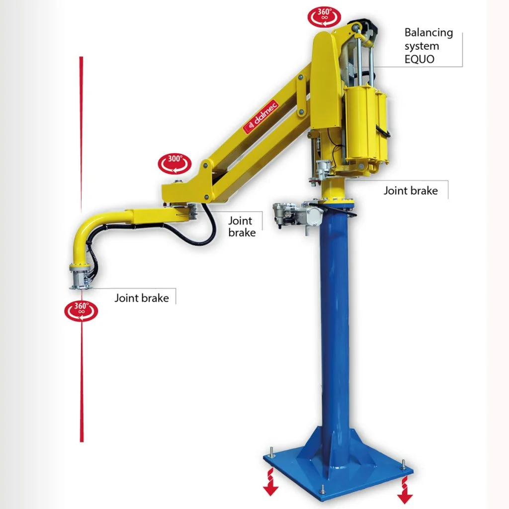 Partner Equo pneumatic manipulator with rigid-articulated arm, 550kg capacity, featuring EQUO balancing system and joint brakes for handling misaligned loads