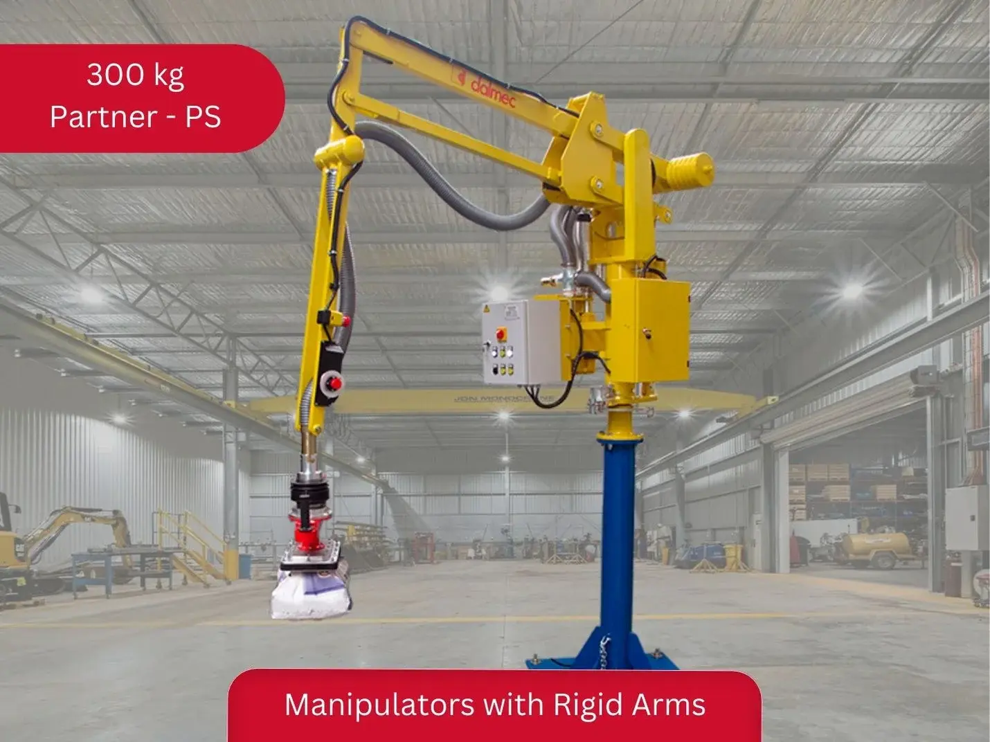 Dalmec Partner Standard PS 300kg pneumatic rigid-arm manipulator with vacuum gripping tool handling a bag in an Australian industrial warehouse