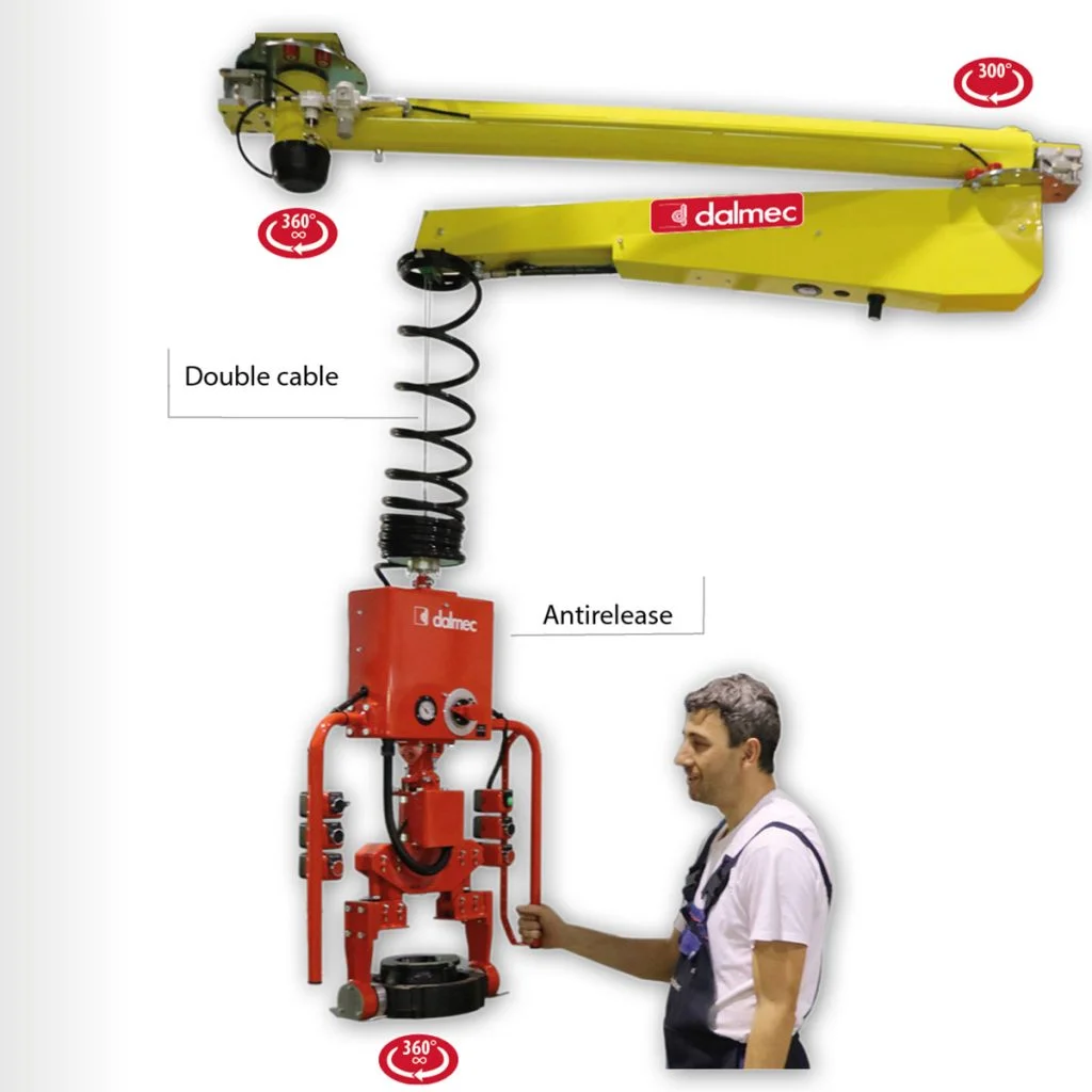 almec pneumatic cable balancer manipulator with double cable and antirelease safety device, operated by a worker to lift a heavy component
