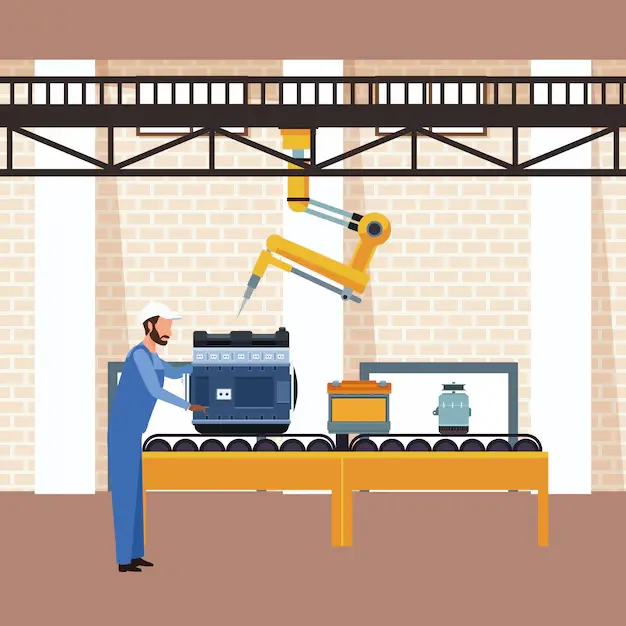 Illustration of a Dalmec pneumatic manipulator arm assisting a worker on an industrial assembly line