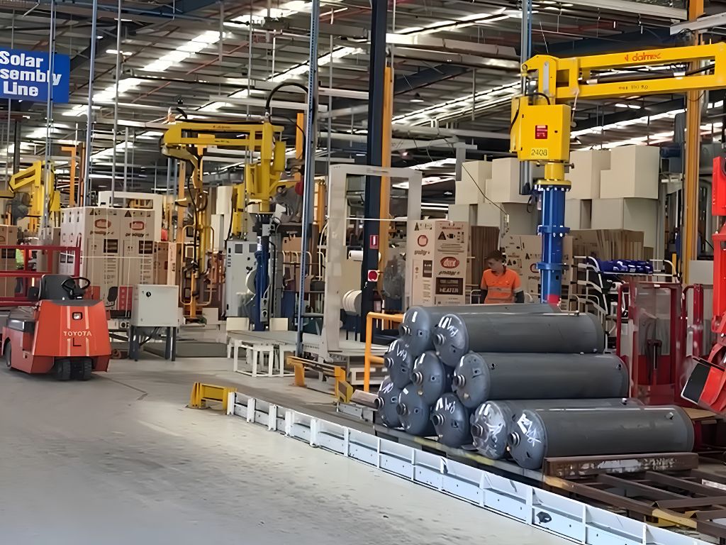 Dalmec industrial manipulator manufacturing assembly line, operator guiding heavy component single-handed