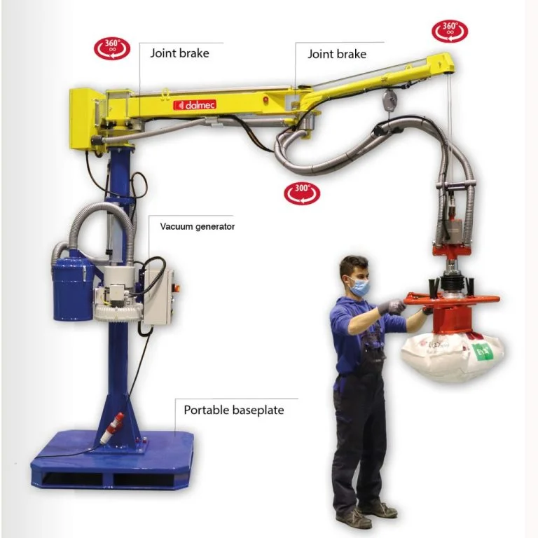 Dalmec Posifil Bags manipulator with vacuum lifter gripping a sack, 50kg capacity, mounted on a portable baseplate with vacuum generator
