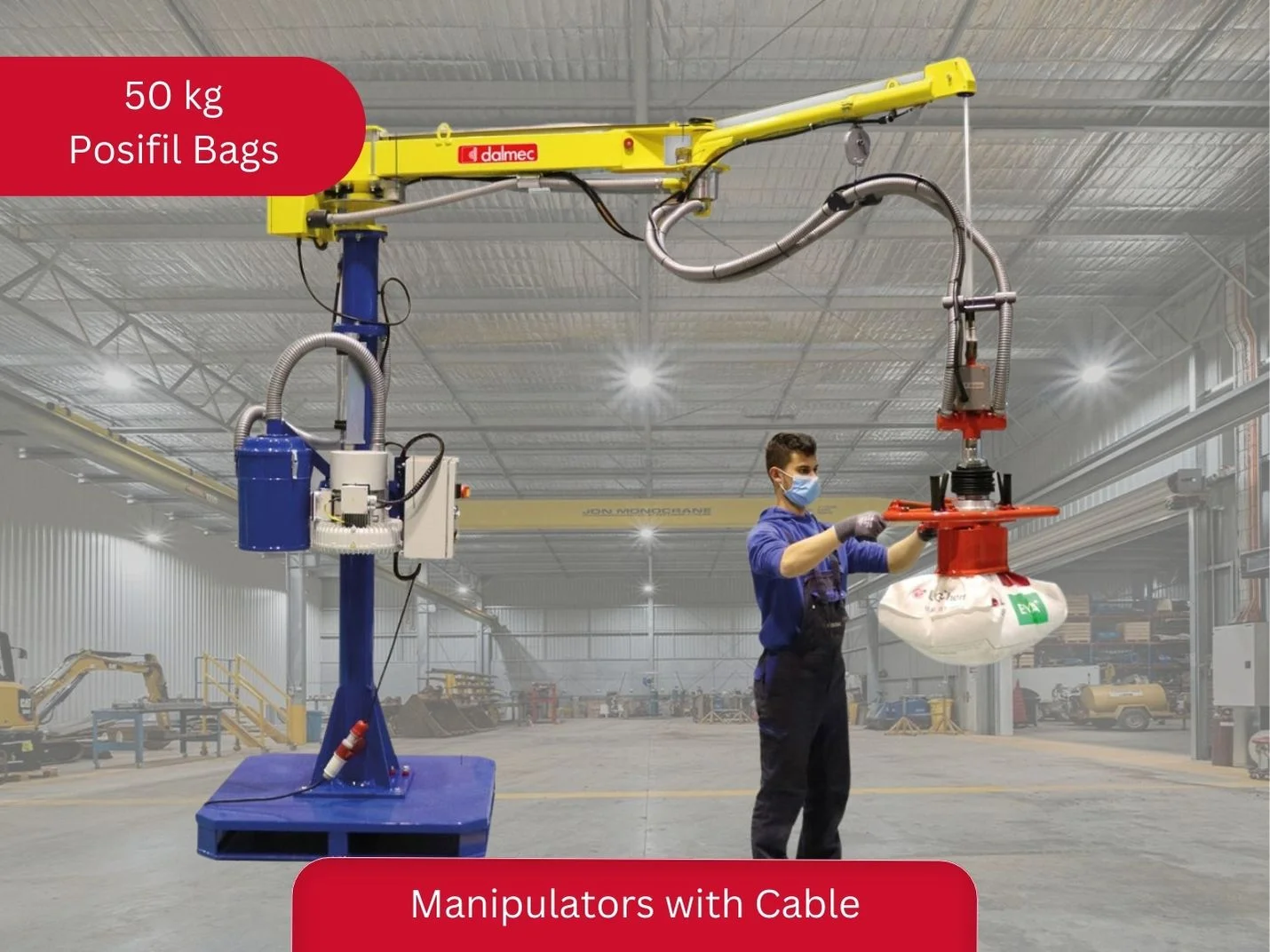 Dalmec Posifil Bags 50kg vacuum manipulator with electric turbine vacuum pump and suction cup gripping tool handling a plastic bag in an Australian industrial warehouse