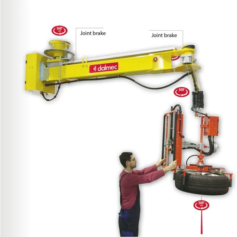 Posifil cable balancer manipulator with double-arm structure handling a vehicle tyre, 140kg capacity, suitable for weightless load handling