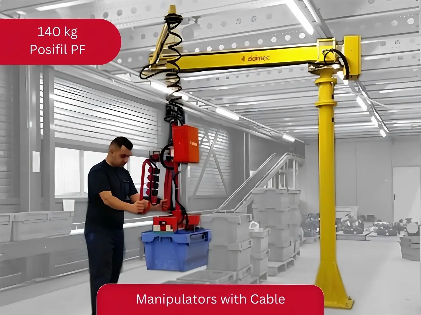 Dalmec Posifil PF 140kg pneumatic industrial manipulator with cable arm handling products in an industrial facility, operated by a single worker