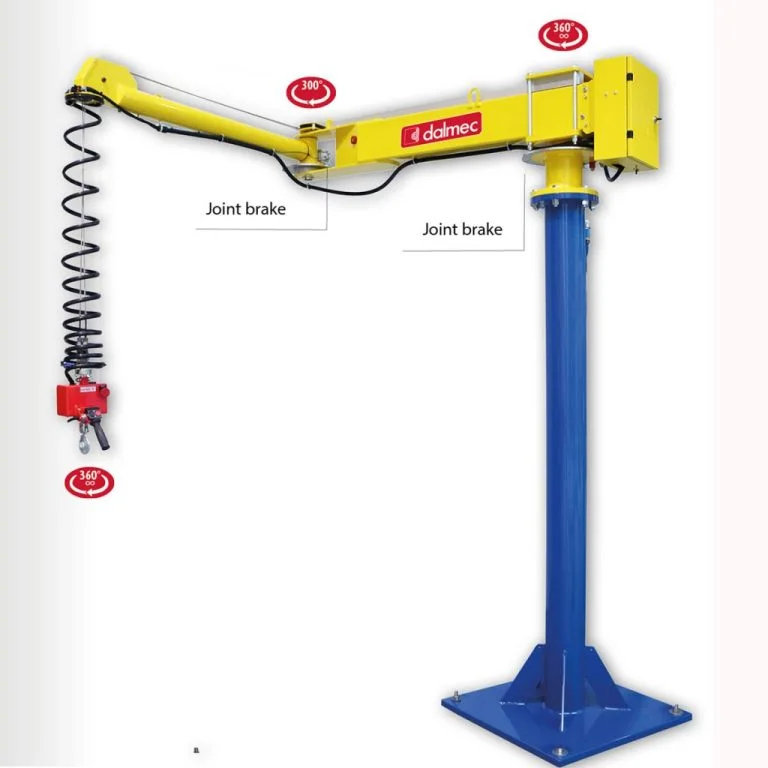 Posiplus cable balancer manipulator with double arm and joint brakes, 200kg capacity, mounted on a fixed column for weightless load handling
