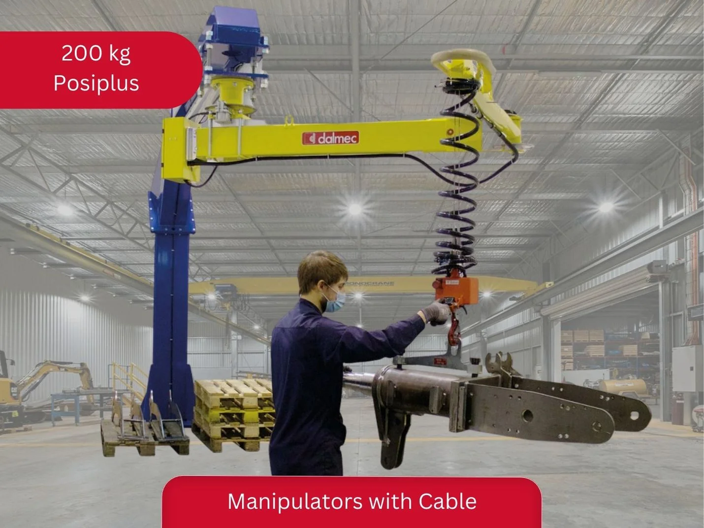 Dalmec Posiplus 200kg pneumatic cable manipulator with double cable system handling a heavy steel fabricated component in an Australian industrial warehouse