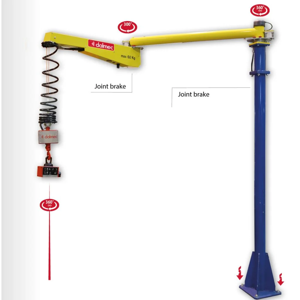 Dalmec Posivel pneumatic cable balancer manipulator, 60kg capacity, with double cable suspension and joint brakes for lightweight handling tasks