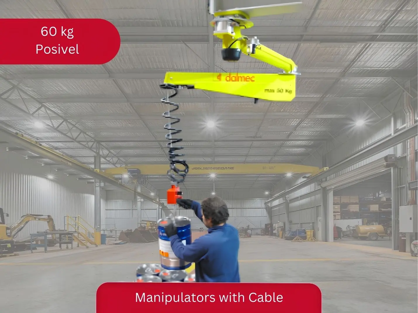 Dalmec Posivel 60kg pneumatic cable manipulator with hook attachment handling a gas cylinder in an Australian industrial warehouse