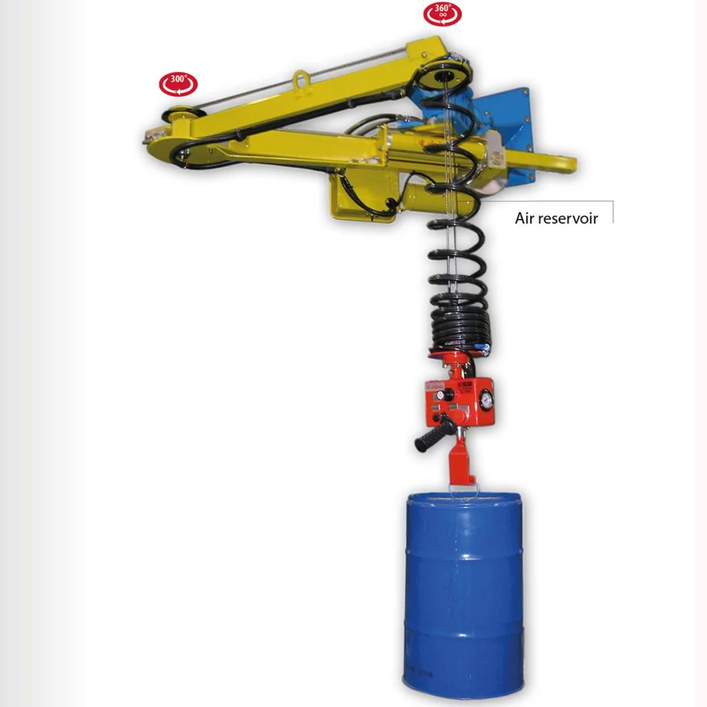 Speedyfil manipulator with air reservoir and cable balancer lifting a 200L steel drum, 80kg capacity, wall-mounted for drum handling in industrial facilities