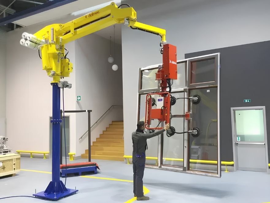 Dalmec manipulator lifting insulated glass units for ergonomic handling and precise positioning during glass manufacturing.