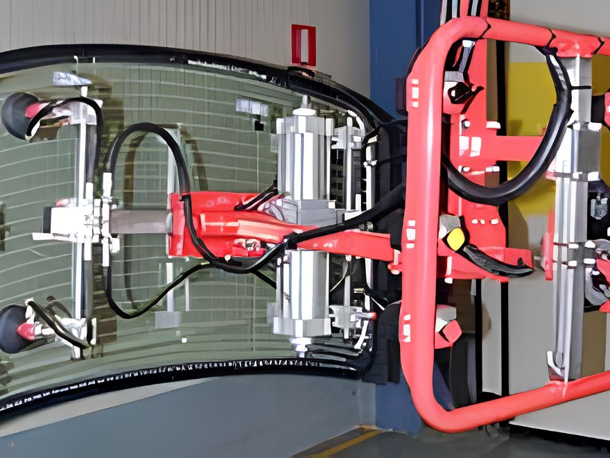 Industrial vacuum lifter with a custom suction cup gripper securely handling a large glass panel or window inside a manufacturing facility.