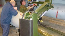 Dalmec manipulator handling precision aerospace assemblies for safe lifting and accurate positioning during production.
