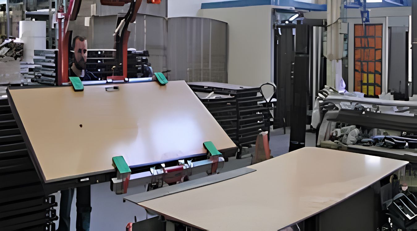 Dalmec pneumatic manipulator handling timber doors and cabinet components for precise positioning during manufacturing.