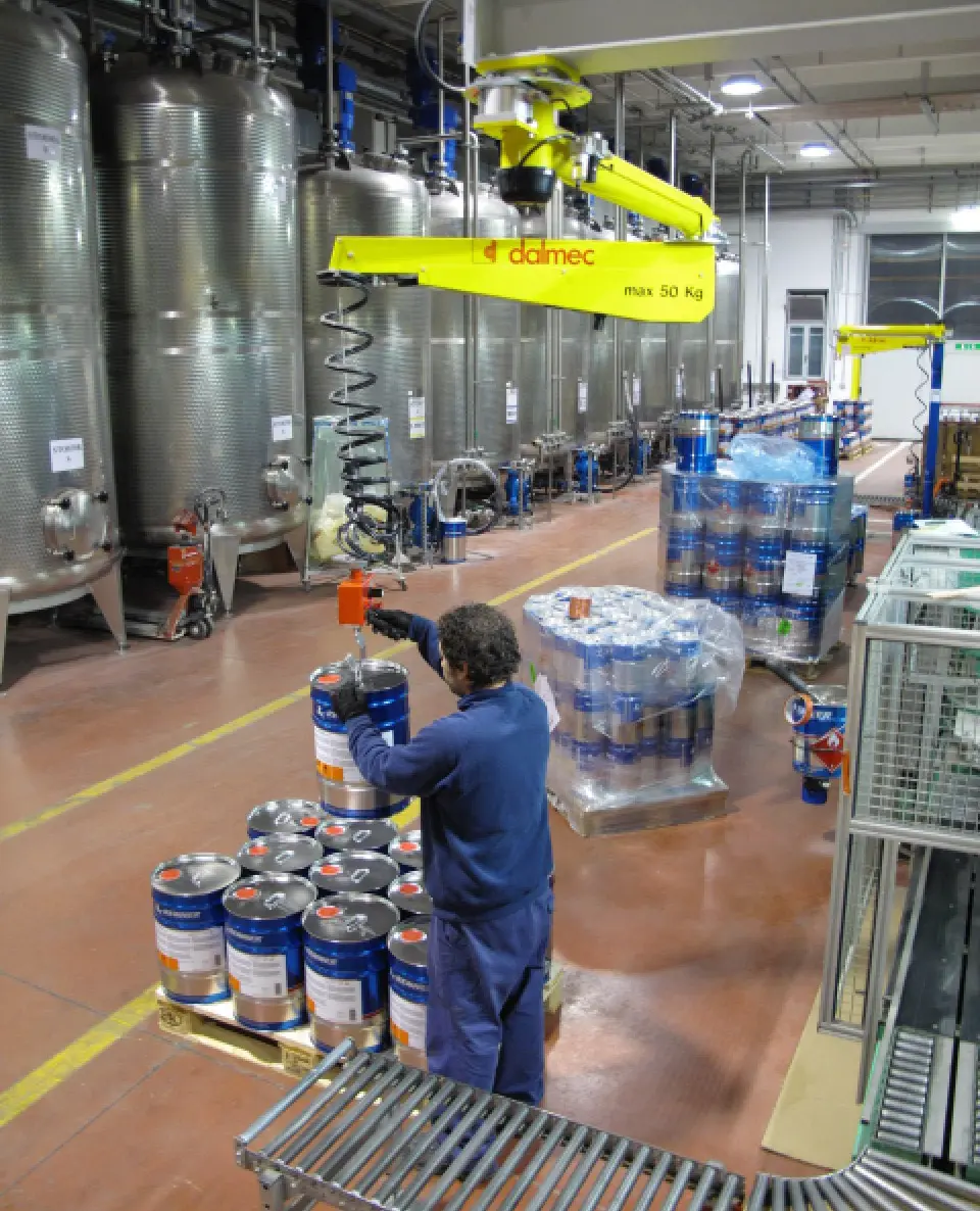 Dalmec lift assist system handling finishing materials with improved workplace safety and efficiency.