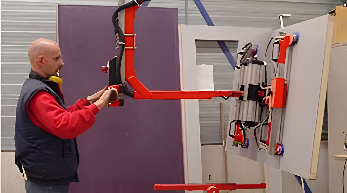 Dalmec vacuum manipulator lifting a large timber panel for safe and ergonomic handling in a wood processing facility.